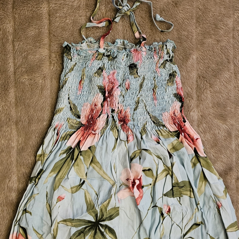 $5 w/$15+ bundle Hawaiian tropical jungle floral print smocked maxi dress - Picture 3 of 5